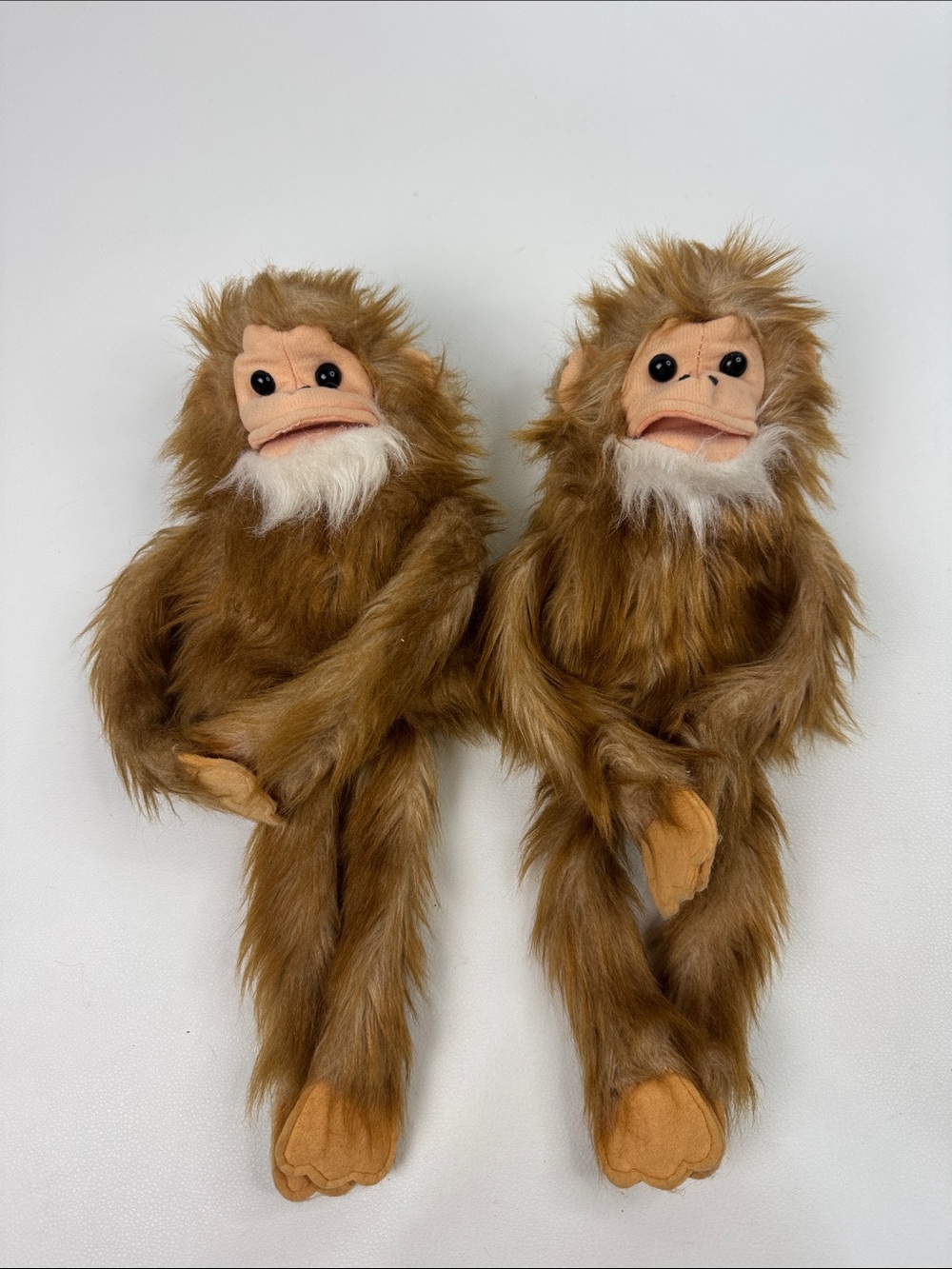 Vintage Pair of Brown Plush Monkey Hand Puppets with White Facial Fur Collect